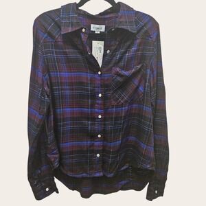 EVEREVE Zuri Women's Medium Plaid Button Down Shirt Grey Cobalt Viscose Metallic